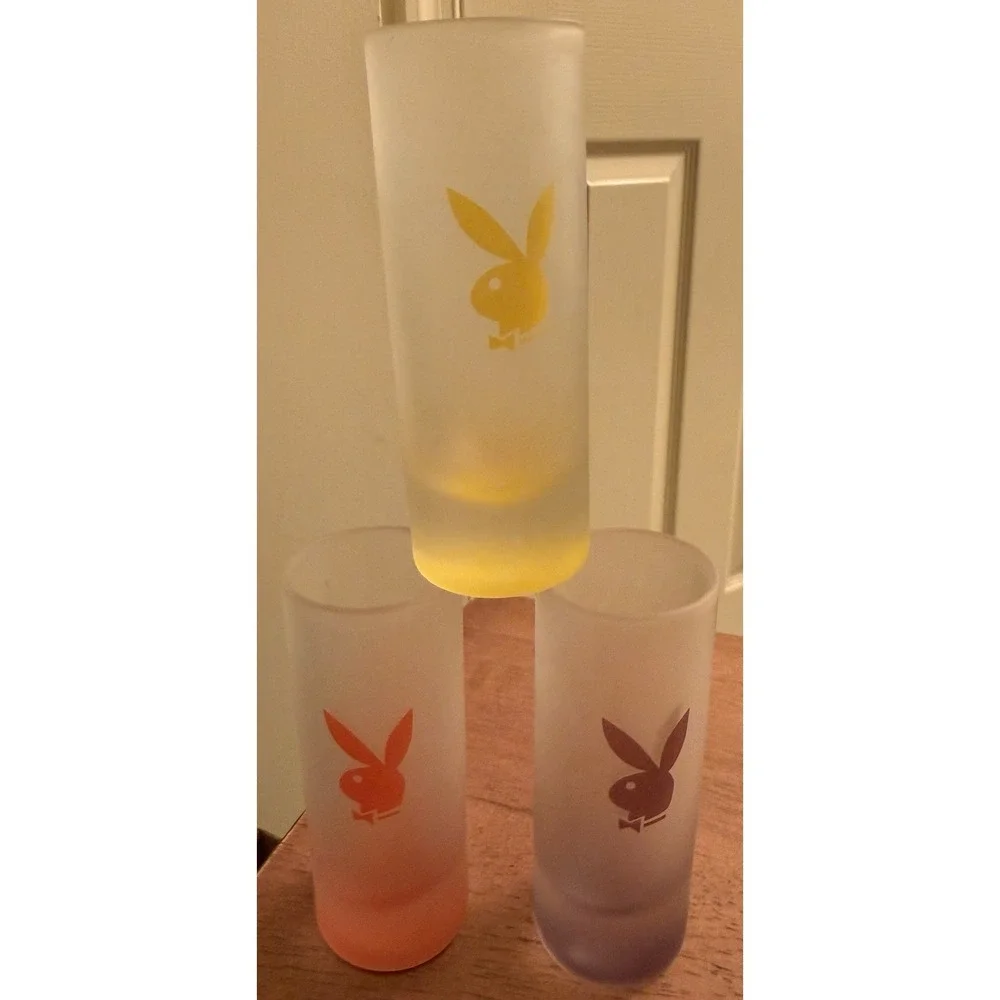 3 Vintage Playboy Bunny Shot Glass Frosted Orange, Yellow & Purple‎ 4